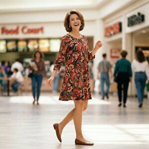 Yarn & Sea Women M Swing Dress Black Floral Jersey Knit Boho Retro Cottage Prep